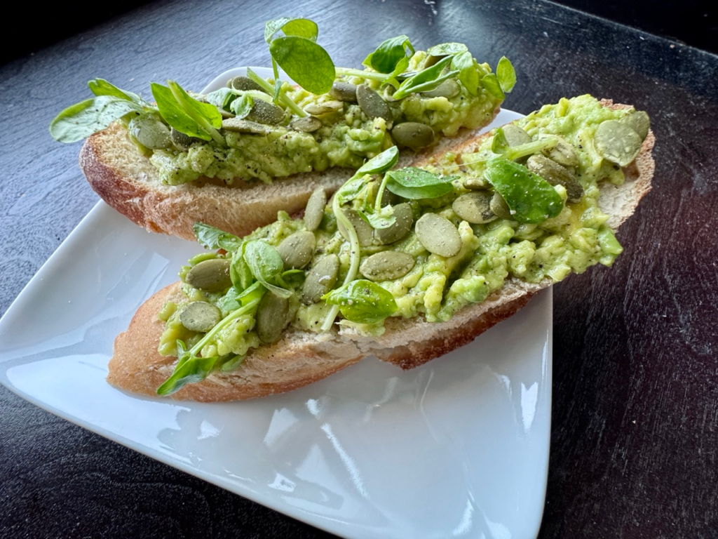 marly augusts avocado toast with pea sprouts and pumpkin seeds