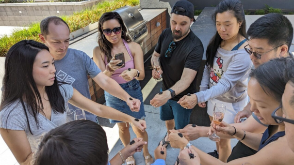 family with caviar fist bumps