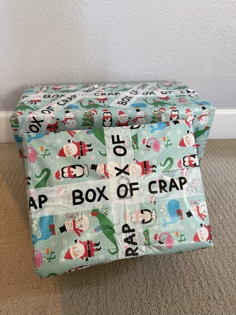 White Elephant / Box of Crap gifts wrapped, 2 boxes